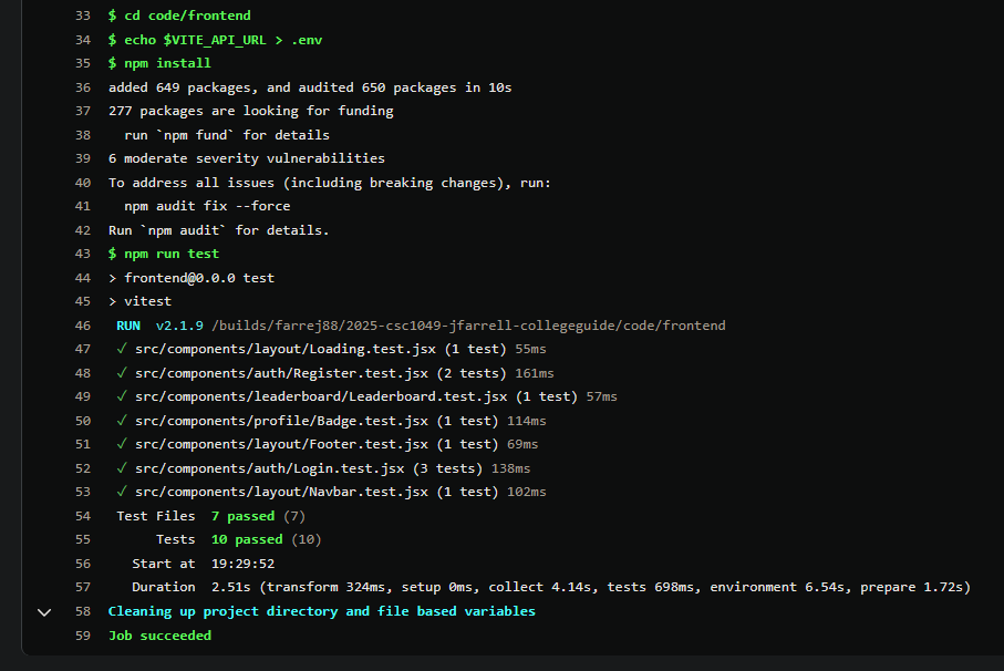 Screenshot of Frontend Tests