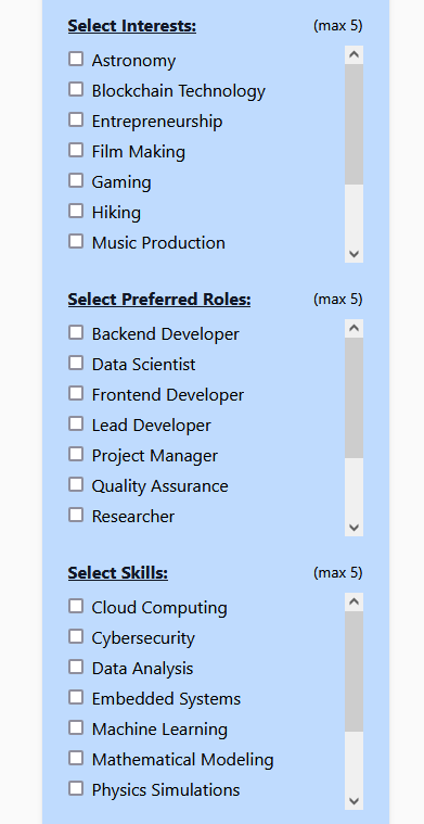 Interests, Roles and Skills